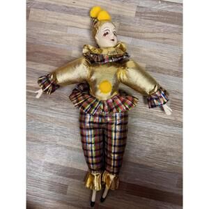 vintage sugar loaf clown doll gold harlequin porcelain face 14” collectible